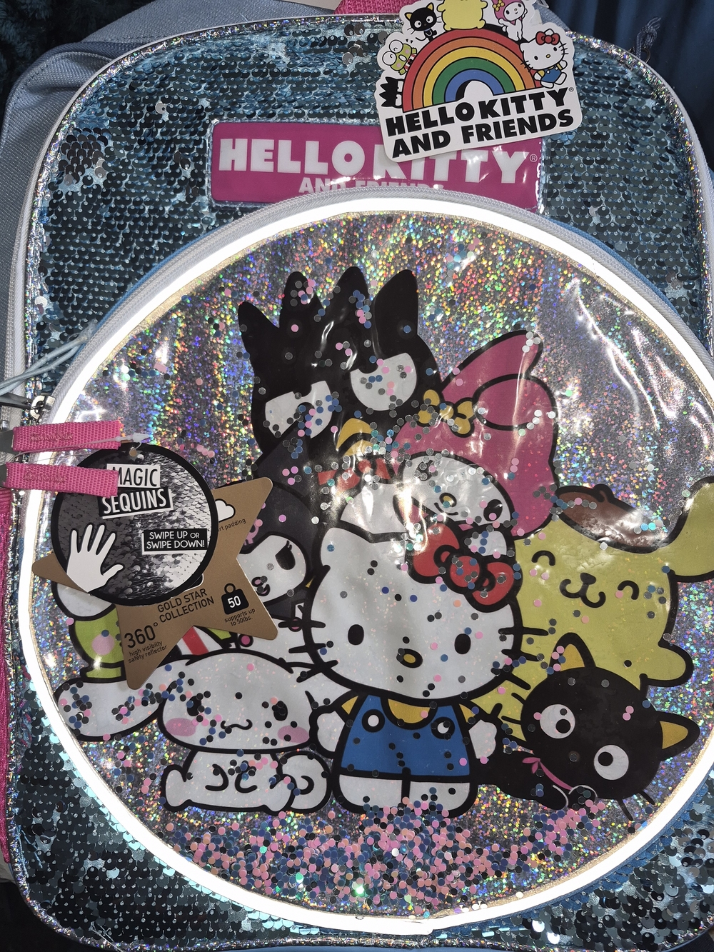 Hello Kitty Holographic Sequin Backpack with Rainbow Characters - Pink Accents